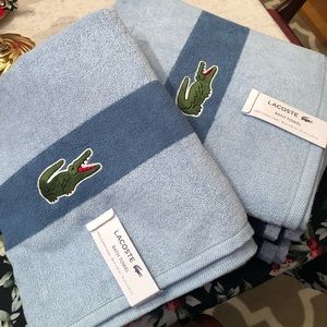 Set of 2 Lacoste 100% Cotton Bath Towels in Light Blue w/ Big Alligator Logo 🐊